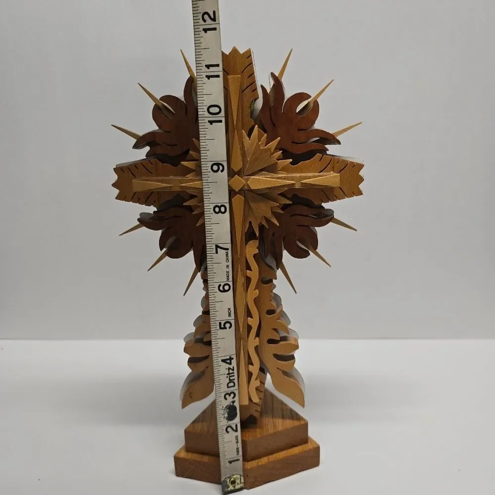 Vintage Wooden Scroll Saw Carved Ornate Crucifix Cross Tabletop Religious Art